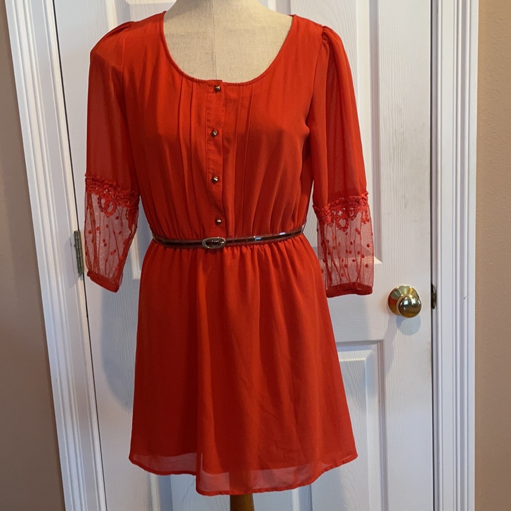 Vintage Y2K Mini dress Tangerine orange lace trim 3/4 sleeves lined women’s S